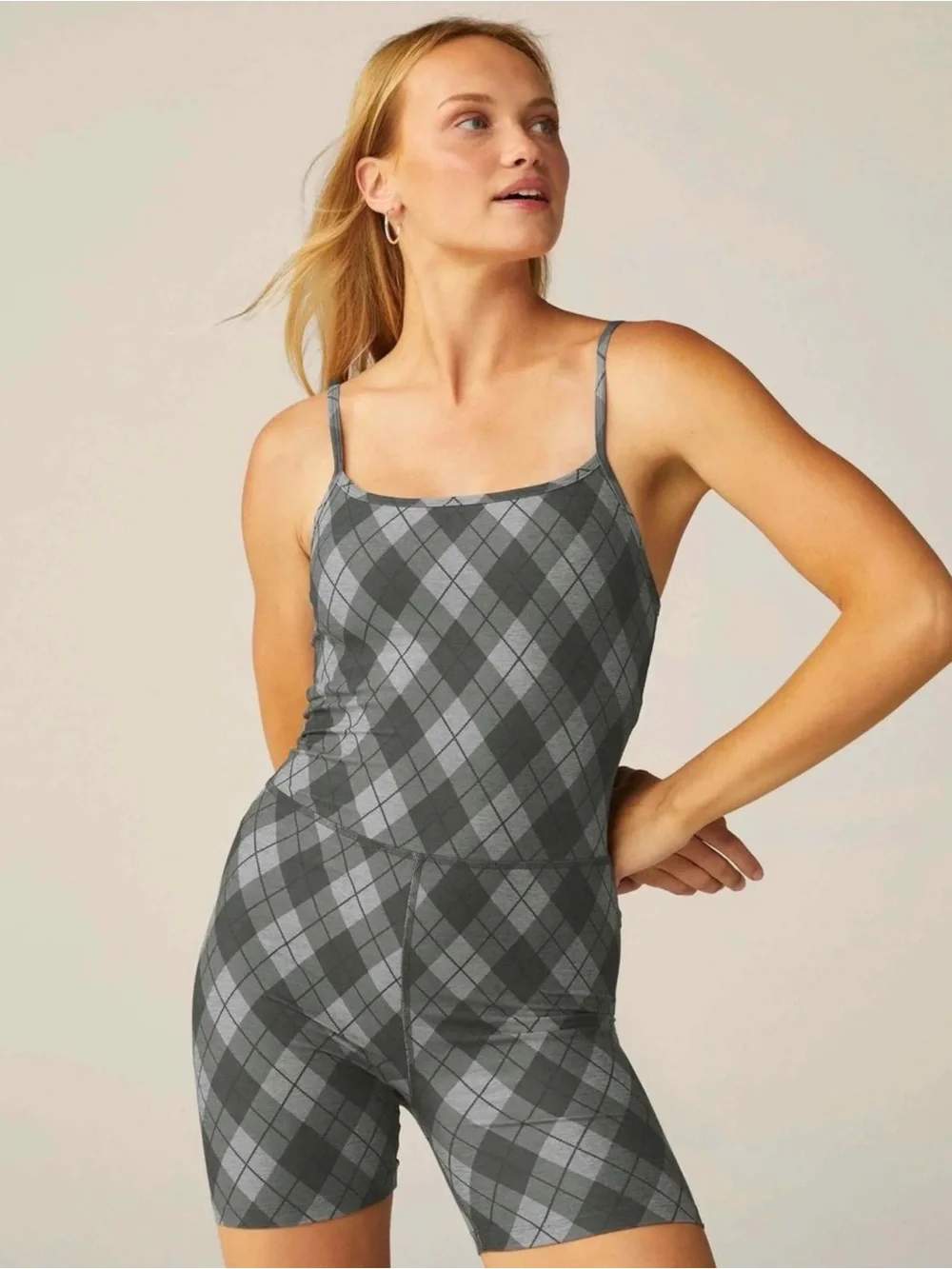 NWT Beyond Yoga Gray Argyle Biker Romper
